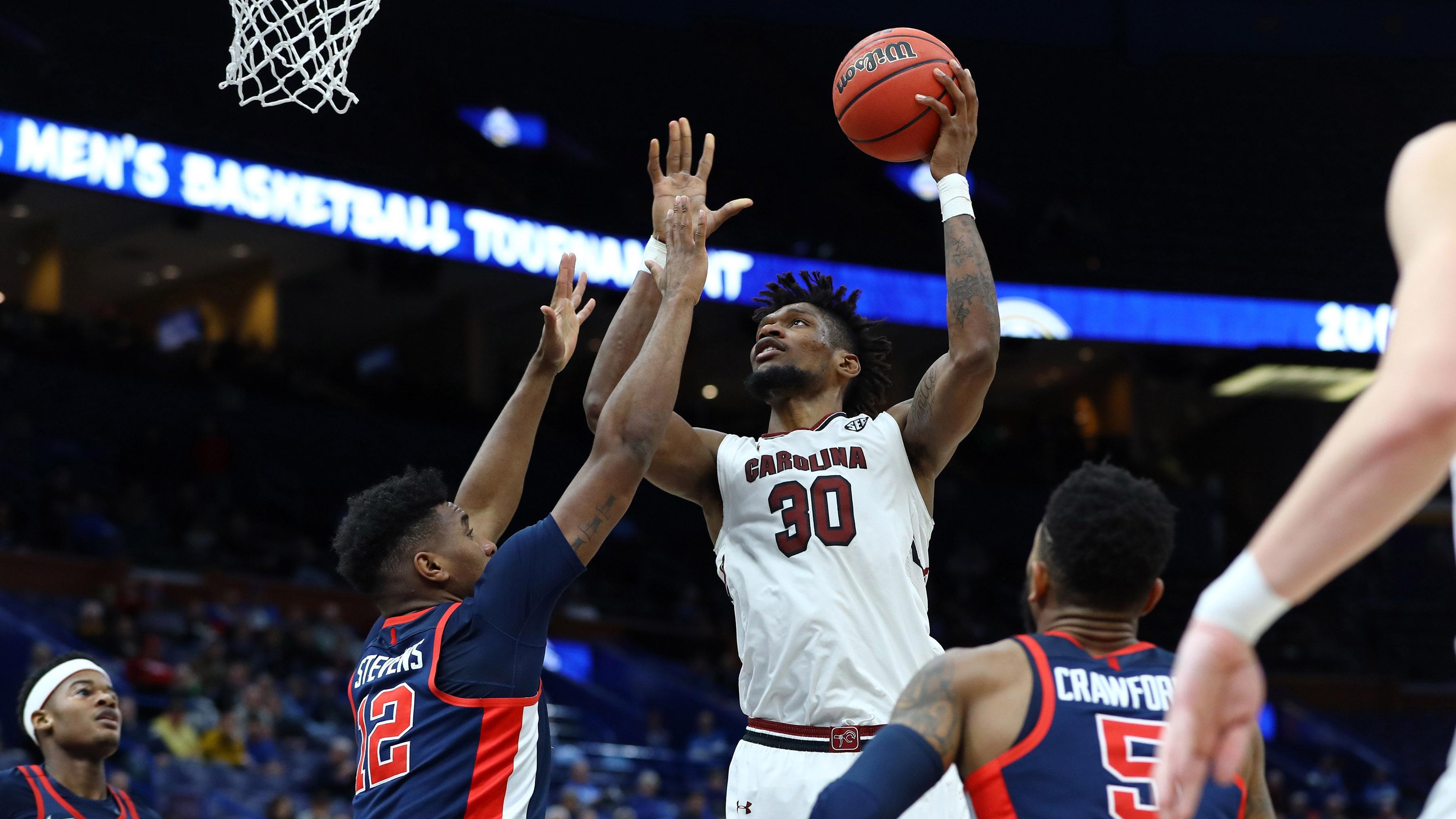 South Carolina's Chris Silva takes a jump hook