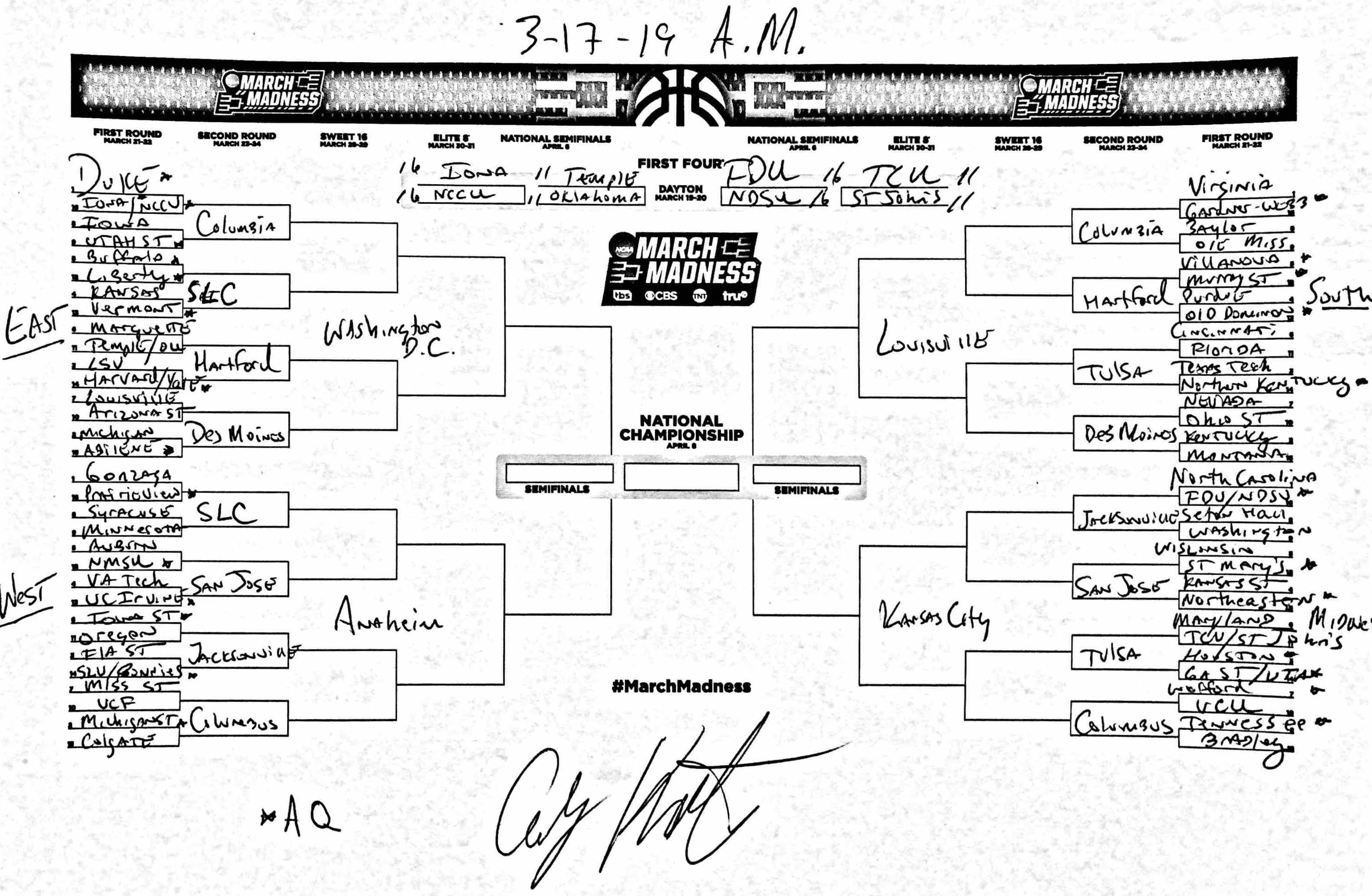 Andy Katz's NCAA tournament bracket prediction March 17