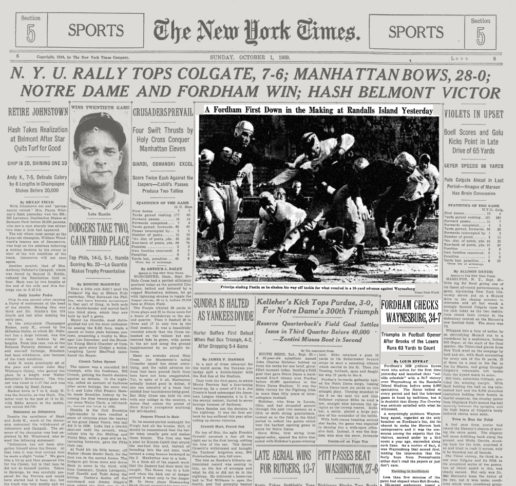 The first televised football game, in the 1939 New York Times