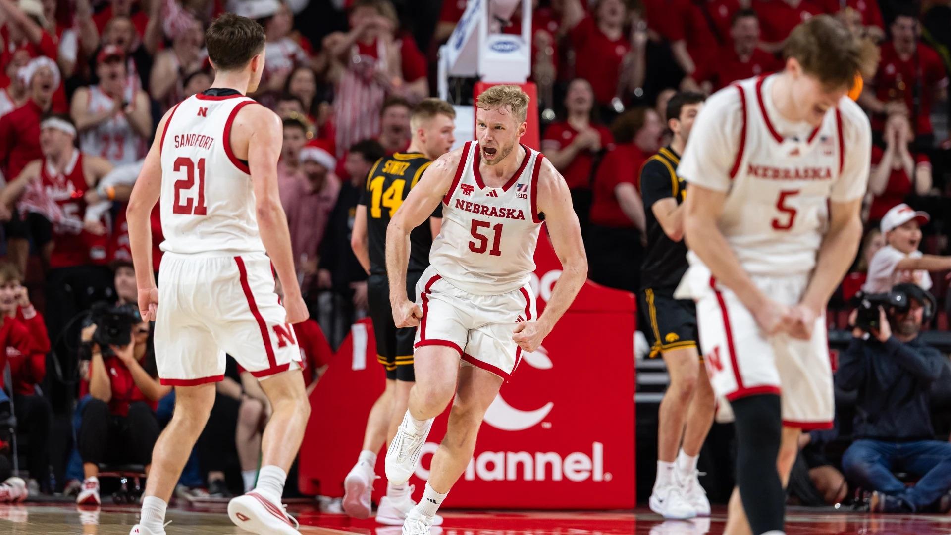 Nebraska basketball celebrates during a game