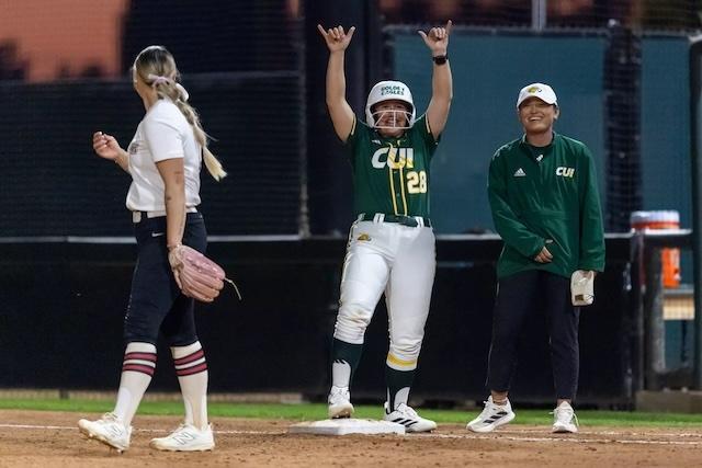 Concordia (CA) celebrates a big DII softball win.